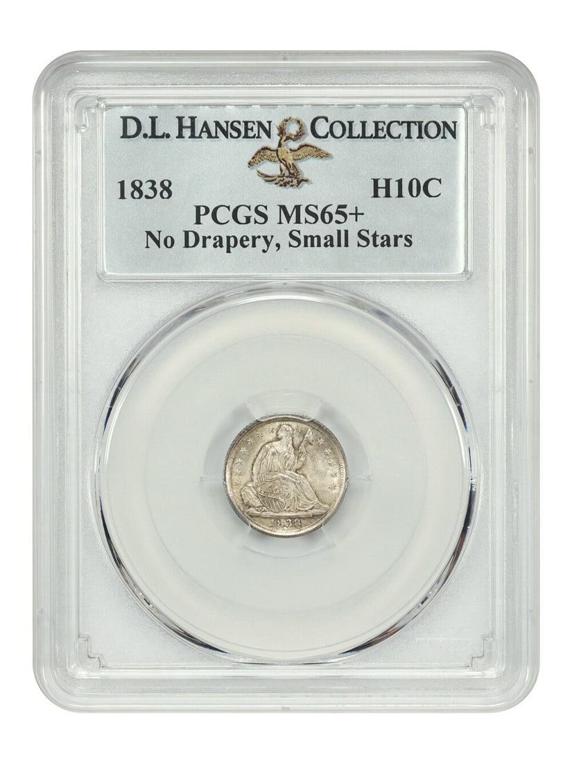 Sm Stars) ex: D.L. Hansen - 1838 H10C PCGS MS65+ (No Drapery: Sm Stars) ex: D.L. Hansen - 1838 H10C PCGS MS65+ (No Drapery Experience the beauty of American numismatics with this stunning 1838 H10C Half-Dime, graded MS65+ by PCGS. Certified in uncirculated condi