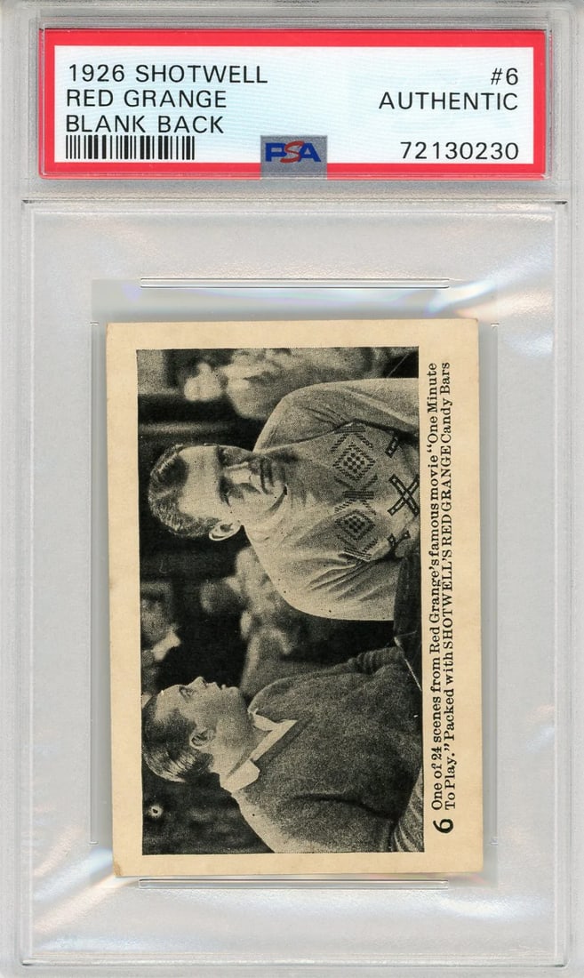 Red Grange 1926 PSA Shotwell Blank Back Card #6: Red Grange 1926 PSA Shotwell Blank Back Card #6 The Red Grange 1926 Shotwell Blank Back Card #6 is a rare and iconic piece of sports memorabilia, graded and slabbed by the leading authority on authent