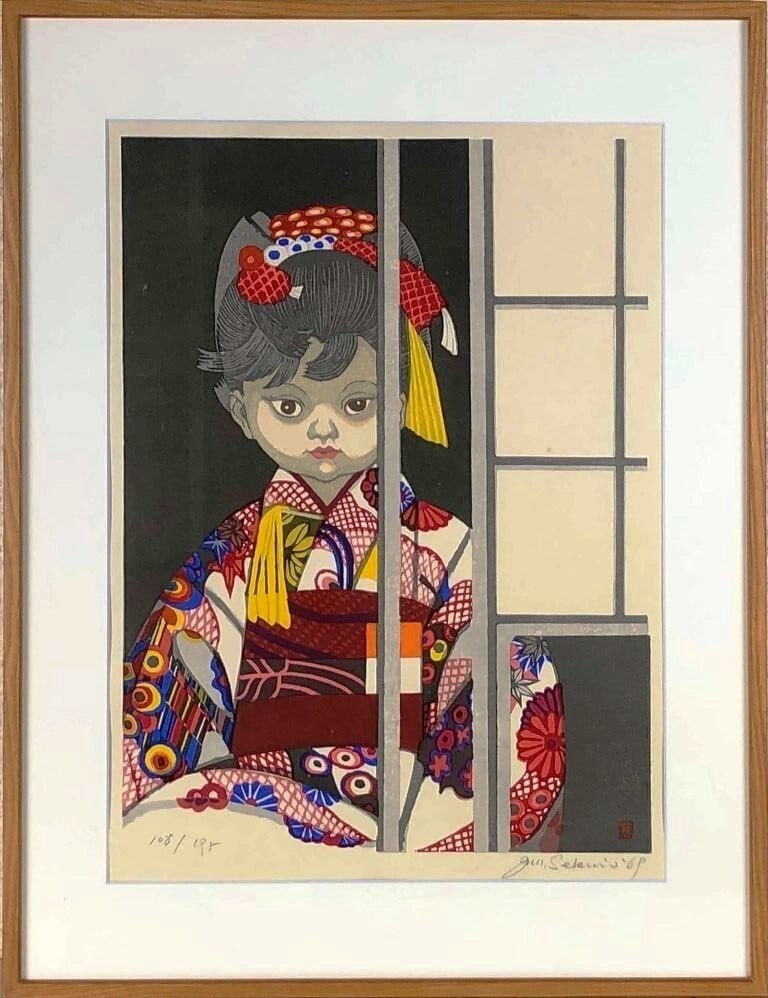 Junichiro Sekino Young Visitor Woodblock Print, Framed & Signed, Edition of 106, 195: Junichiro Sekino Young Visitor Woodblock Print, Framed & Signed, Edition of 106, 195 A rare and striking woodblock print by renowned Japanese artist Junichiro Sekino, created in 1957, is presented her