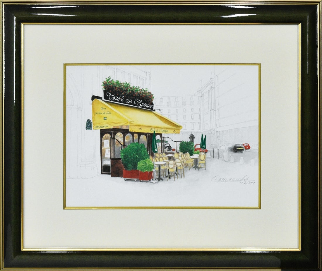 Toyoo Tamamura lithograph Yellow Eaves Cafe signature city Japanese paper: Toyoo Tamamura lithograph Yellow Eaves Cafe signature city Japanese paper A stunning piece of Japanese art, this Toyoo Tamamura lithograph captures the essence of traditional Yellow Eaves Cafe with it