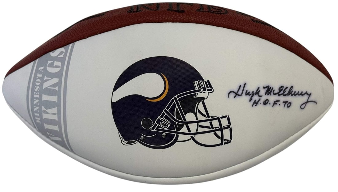 Football Hugh McElhenny Autographed Wilson White Panel: Football Hugh McElhenny Autographed Wilson White Panel Own a piece of NFL history with this autographed Wilson White Panel football, signed by the legendary Hugh McElhenny in black sharpie. The iconic