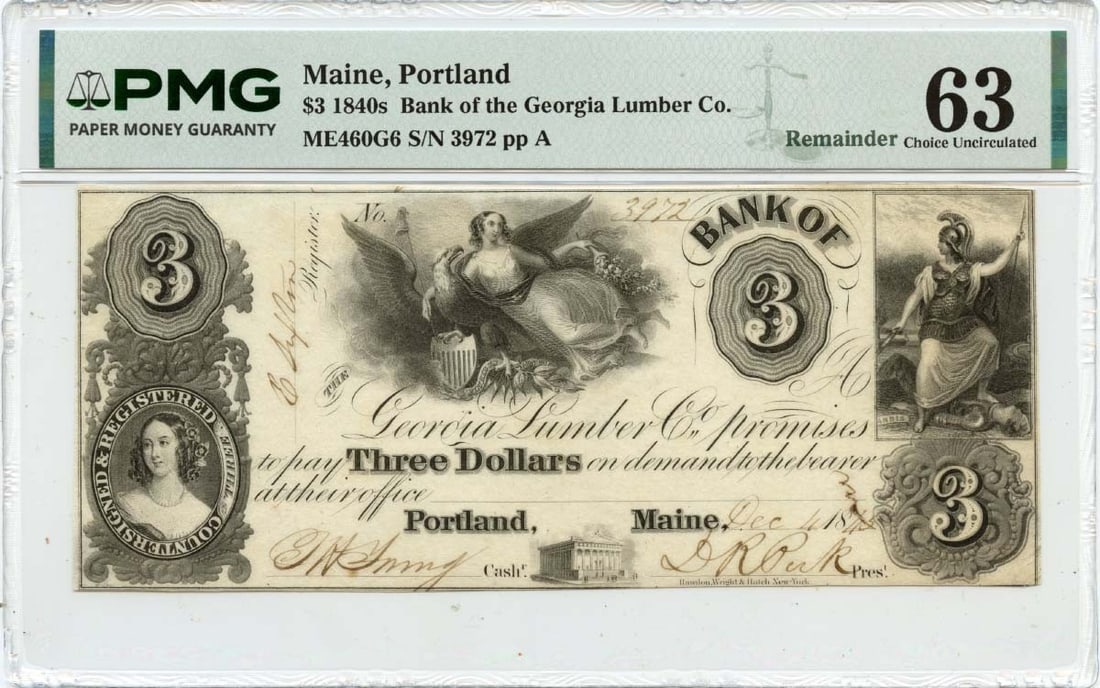 1845 $3 Portland, Maine Obsolete Note - Bank of Georgia Lumber Co (PMG CU63): 1845 $3 Portland, Maine Obsolete Note - Bank of Georgia Lumber Co (PMG CU63) Rarity seekers, rejoice! This 1845 $3 Obsolete Note from the Bank of Georgia Lumber Co is a true gem for collectors, boasti