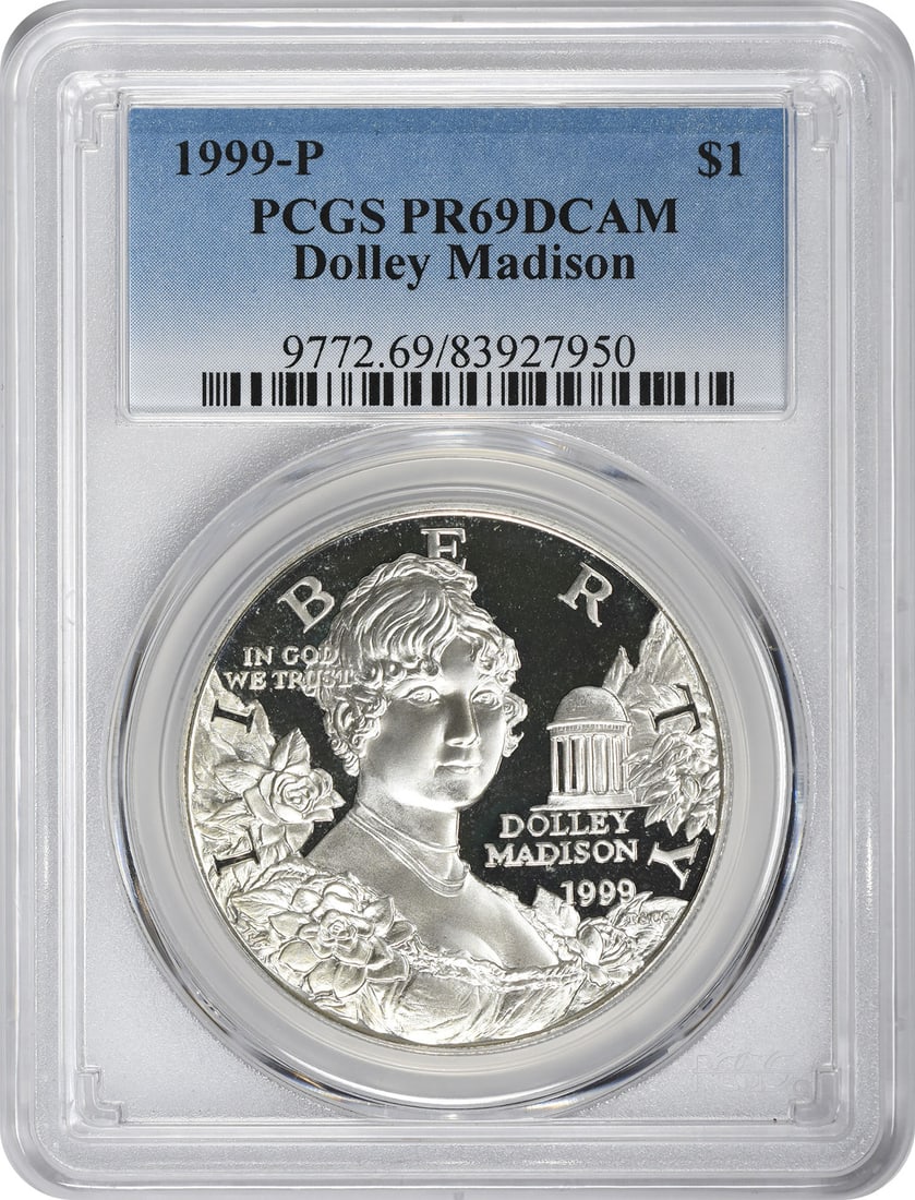 1999-P Dolley Madison Silver Commemorative Dollar PCGS Proof 69 DC: 1999-P Dolley Madison Silver Commemorative Dollar PCGS Proof 69 DC This stunning 1999-P Dolley Madison Silver Commemorative Dollar is a true treasure for collectors, boasting a high-grade PCGS Proof 6