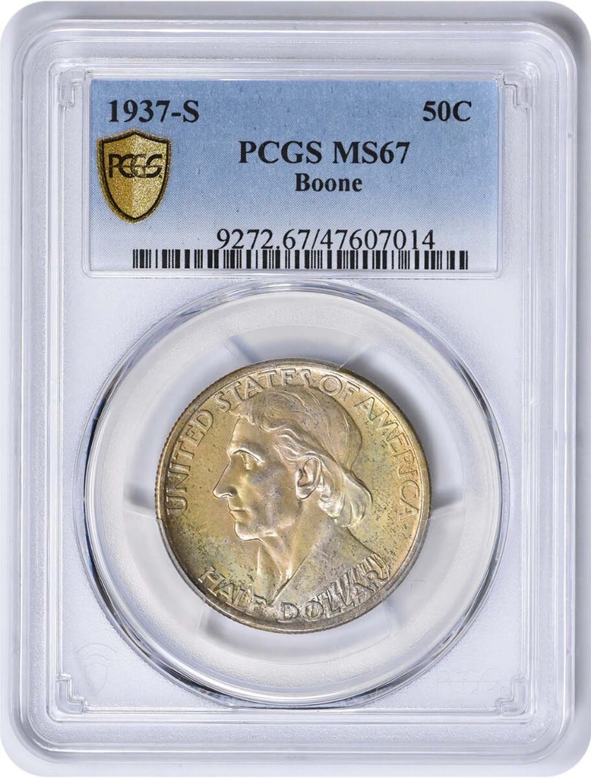 Boone Commemorative Silver Half Dollar (1937-S) MS67 PCGS: Boone Commemorative Silver Half Dollar (1937-S) MS67 PCGS Experience the elegance of the 1937-S Commemorative Silver Half Dollar, certified MS67 by PCGS and boasting an impressive uncirculated conditi