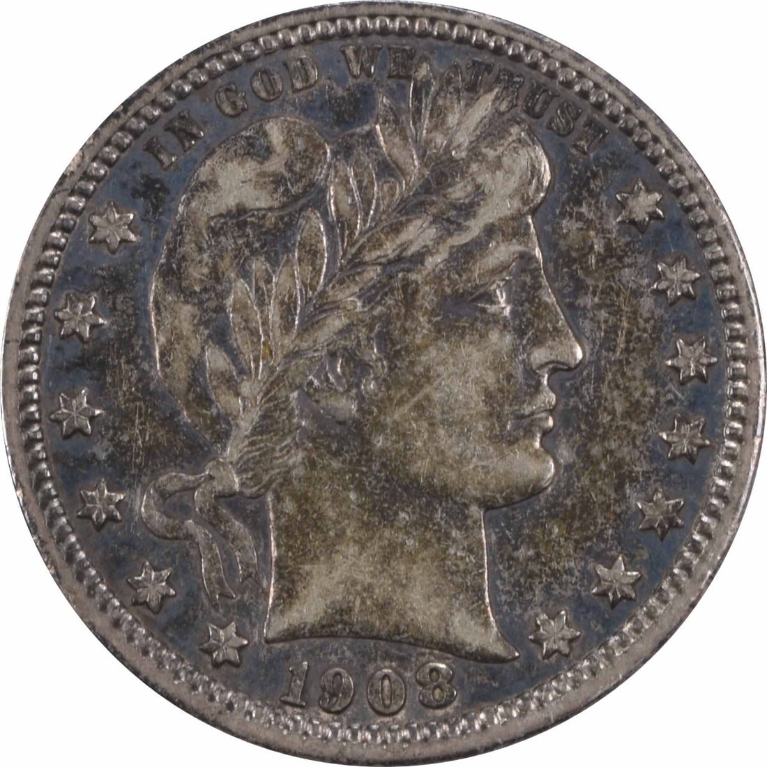 Uncertified 1908-S Barber Silver Quarter EF: Uncertified 1908-S Barber Silver Quarter EF A rare and highly sought-after 1908-S Barber Silver Quarter, certified as Extremely Fine (XF) by the expert grading system, boasts a rich history and stunni