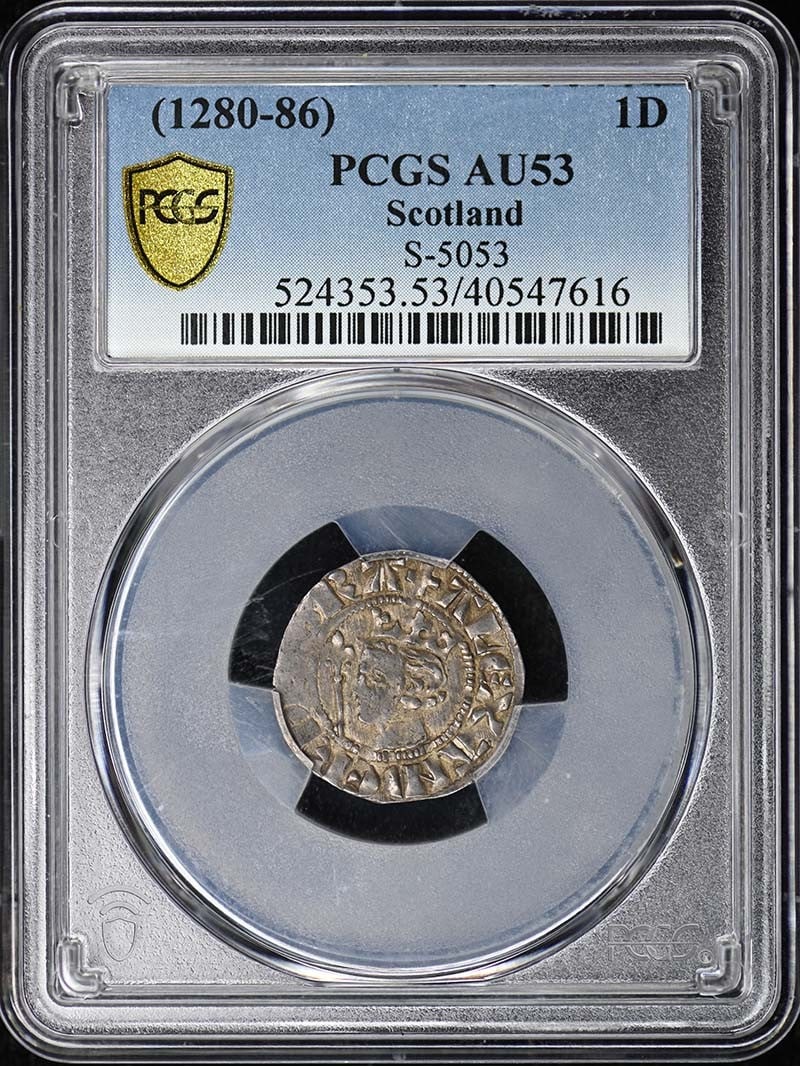 Scotland 1D 86 PCGS AU53 S-5053: Scotland 1D 86 PCGS AU53 S-5053 A rare and highly sought-after Scottish 1d coin, graded AU53 by PCGS, boasts an impressive certification number S-5053. As one of the earliest coins minted in Scotland,