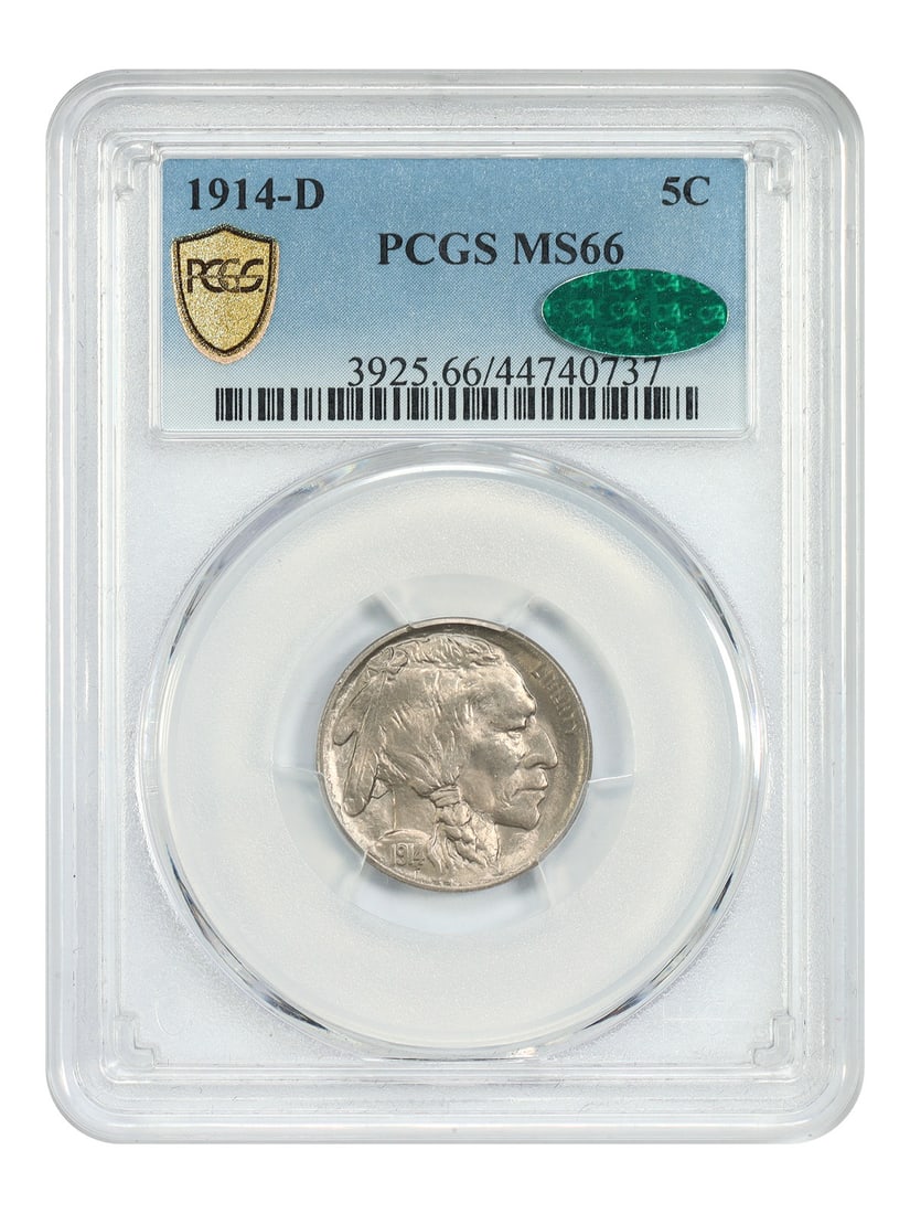 1914-D Buffalo Nickel MS66 PCGS/ CAC: 1914-D Buffalo Nickel MS66 PCGS/ CAC A stunning example of American numismatic history, this 1914-D Buffalo Nickel MS66 boasts exceptional condition and is certified by both PCGS and CAC, ensuring its