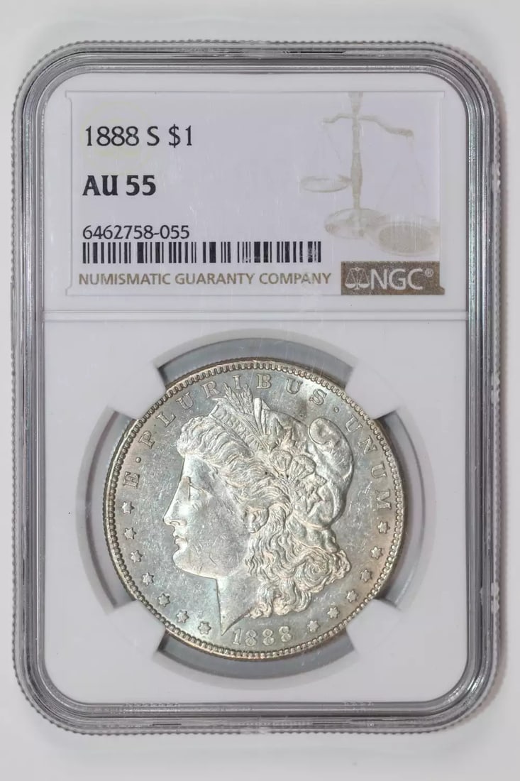 AU55 1888-S MORGAN DOLLAR NGC: AU55 1888-S MORGAN DOLLAR NGC Experience the rich history of the American West with this 1888-S Morgan Dollar, certified by NGC and graded AU 55. Struck in San Francisco, this circulated coin is a rar