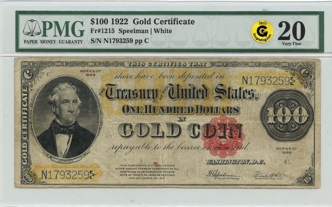 1922 $100 Gold Certificate Red Scalloped Fr# 1215 PMG VF20 GCC: 1922 $100 Gold Certificate Red Scalloped Fr# 1215 PMG VF20 GCC A rare and highly sought-after 1922 $100 Gold Certificate, graded VF20 by PMG, boasts its distinctive red scalloped edges and is one of t