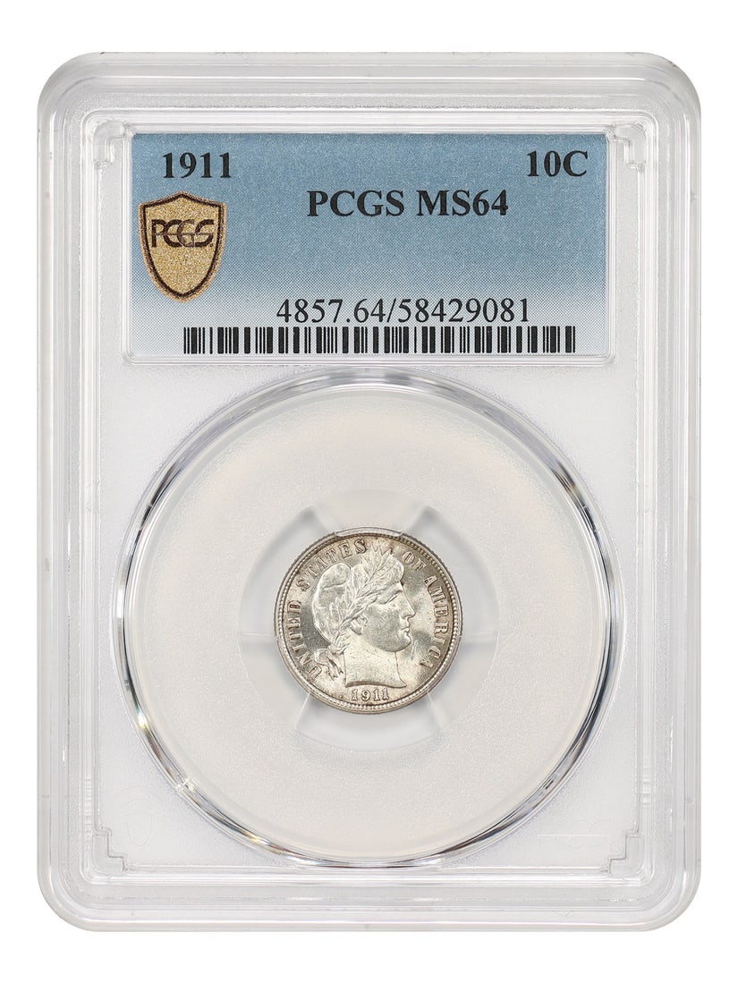 Barber Dime (1911) MS64 PCGS: Barber Dime (1911) MS64 PCGS A rare and highly sought-after 1911 Barber Dime, graded MS64 by PCGS, boasts exceptional condition with crisp details and sharp strike. This uncirculated gem is a true tre