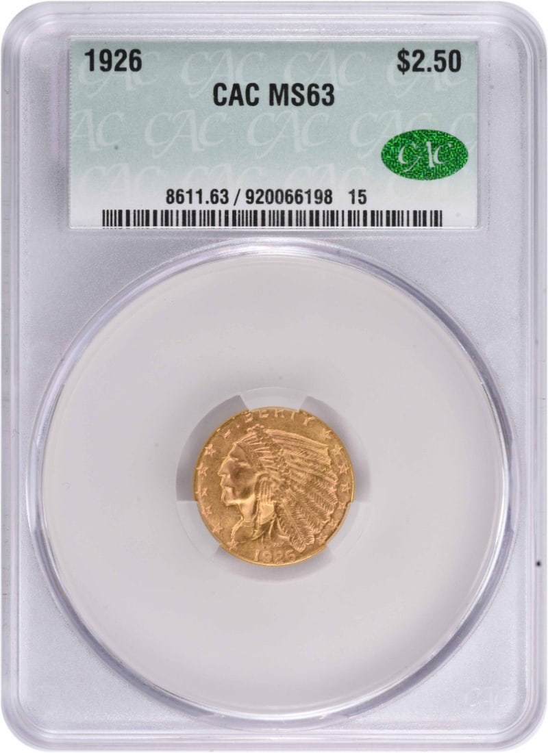 CACG 1926 $2.50 Gold Indian MS63: CACG 1926 $2.50 Gold Indian MS63 Experience the majesty of the 1926 $2.50 Gold Indian, one of the most iconic coins in American numismatics. With its stunning MS63 grade and rich gold content (90% gol