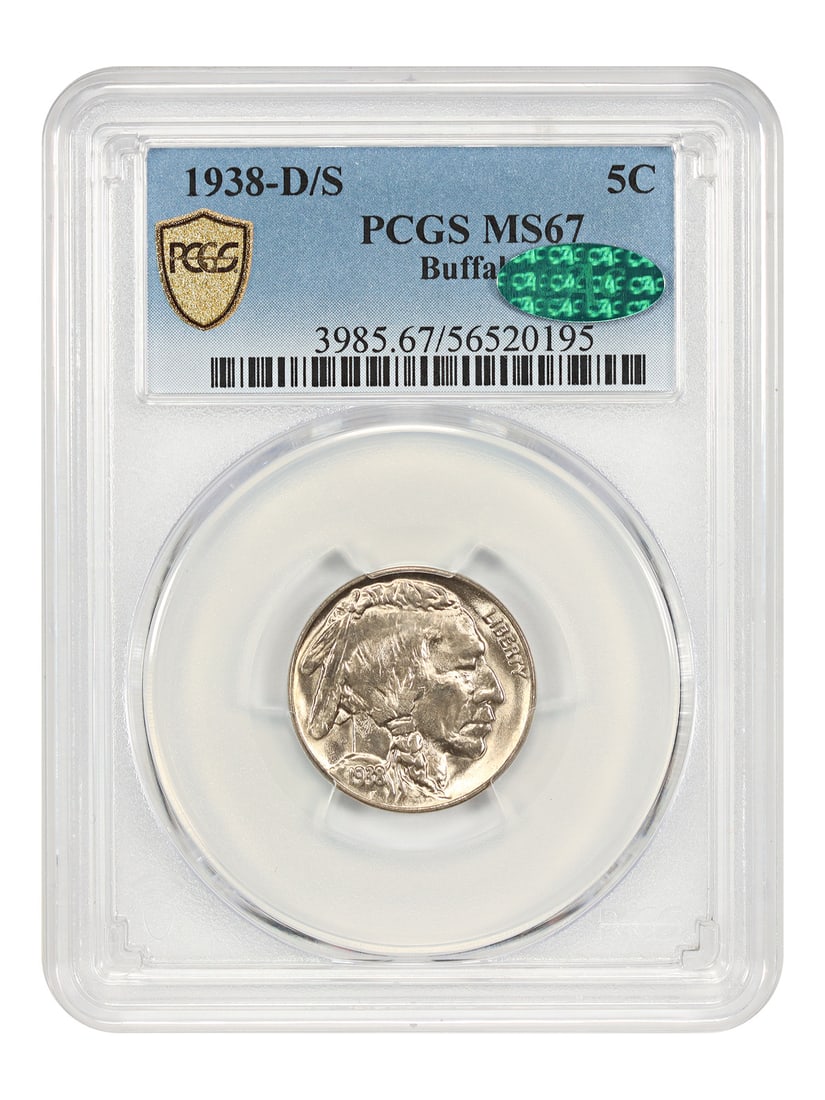 1938-D/ S 5C Buffalo PCGS/ CAC MS67 - Nickel Popular Variety: 1938-D/ S 5C Buffalo PCGS/ CAC MS67 - Nickel Popular Variety Experience the iconic Buffalo Nickel in stunning condition! This 1938-D/ S MS67 is a rare and highly sought-after variety, boasting excepti
