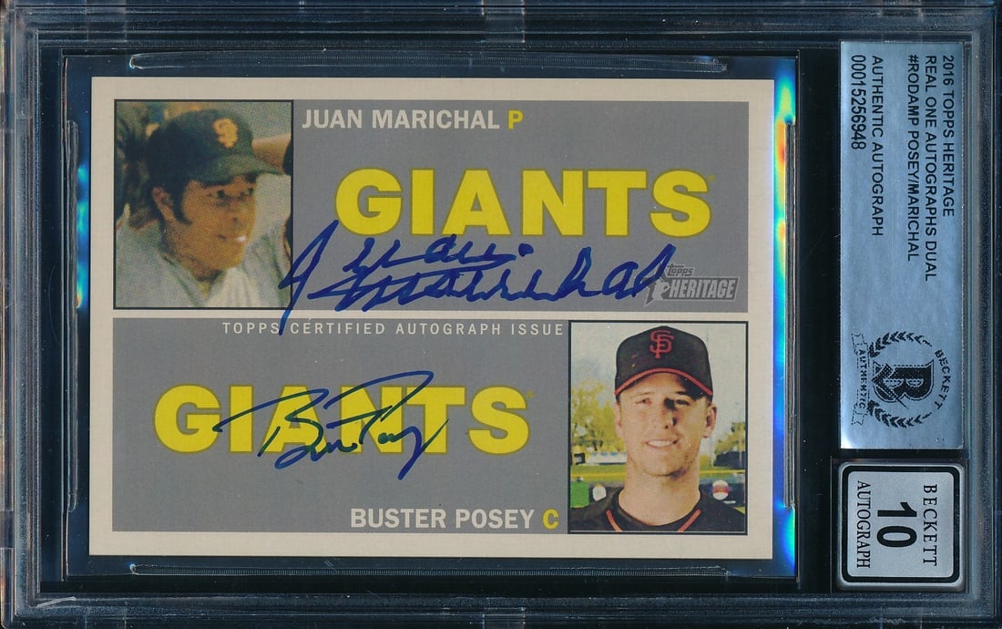 Buster Posey & Juan Marichal Signed 2016 Topps Card #MP BAS: Buster Posey & Juan Marichal Signed 2016 Topps Card #MP BAS Get ready to relive the magic of San Francisco Giants history with this incredible autographed card featuring Buster Posey and Juan Marichal