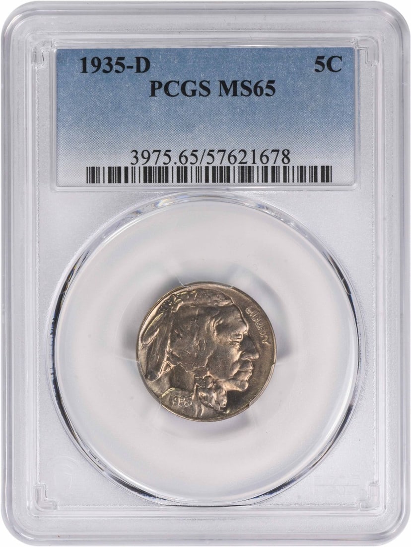 PCGS 1935-D Buffalo Nickel MS65: PCGS 1935-D Buffalo Nickel MS65 A stunning example of American numismatics, the 1935-D Buffalo Nickel MS65 boasts exceptional condition and rarity, with its PCGS certification serving as a testament t