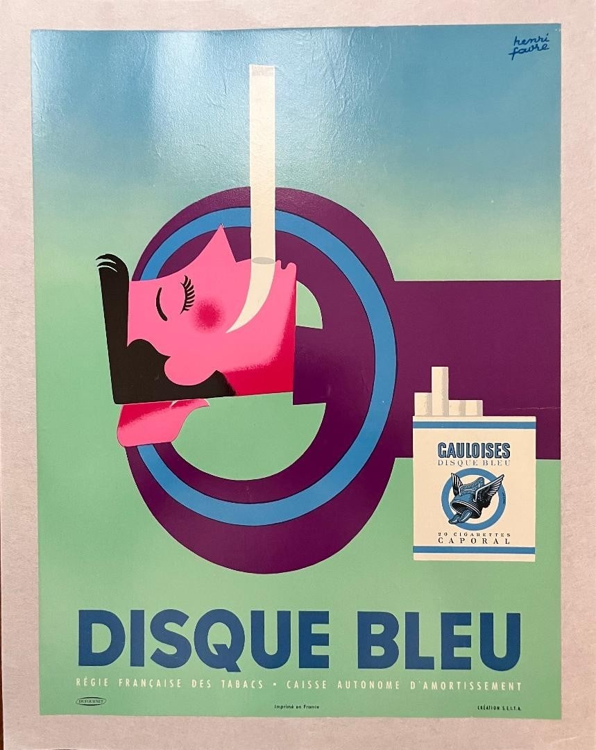Ad 1960s DISQUE BLEU Poster by Henri Faur Vintage French Gauloises Cigarette: Ad 1960s DISQUE BLEU Poster by Henri Faur Vintage French Gauloises Cigarette A stunning original poster from the 1960s, this Ad for Gauloises cigarettes by Henri Faure is a quintessential example of A