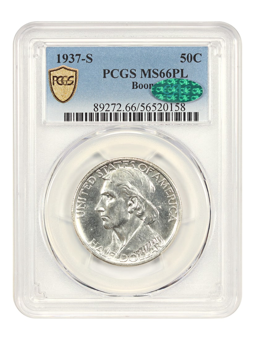 1937-S 50c MS66PL PCGS/ CAC Boone Silver Commemorative: 1937-S 50c MS66PL PCGS/ CAC Boone Silver Commemorative A rare and highly sought-after 1937-S Silver Commemorative half dollar, graded MS66PL by PCGS/CAC, boasts stunning mint state condition with a ri