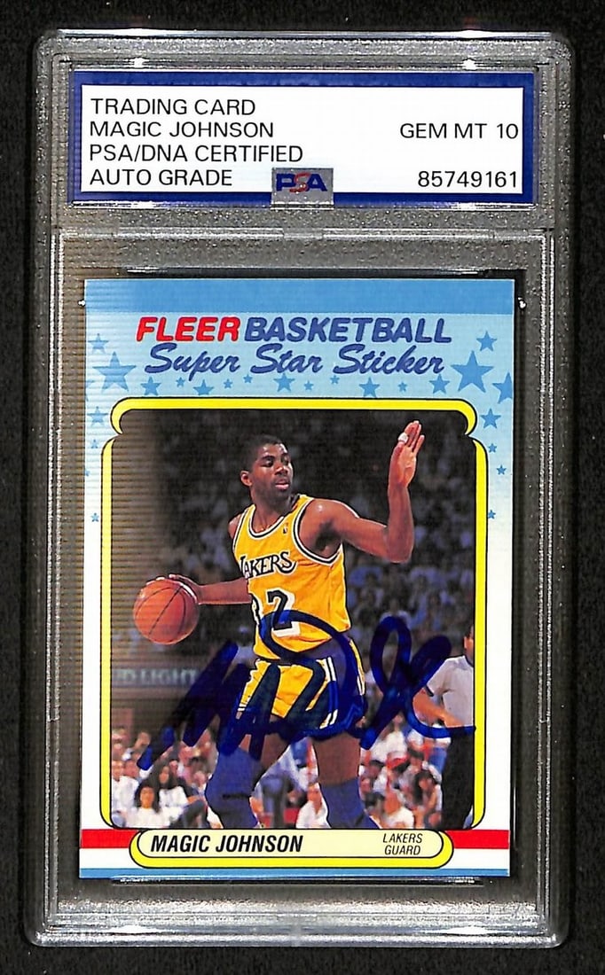 BA206365 Magic Johnson 1988-89 Fleer Stickers Signed/ Auto Card #6 PSA/ DNA 10: BA206365 Magic Johnson 1988-89 Fleer Stickers Signed/ Auto Card #6 PSA/ DNA 10 Get ready to relive the magic of the 1988-89 season with this rare and highly sought-after Magic Johnson autograph card,