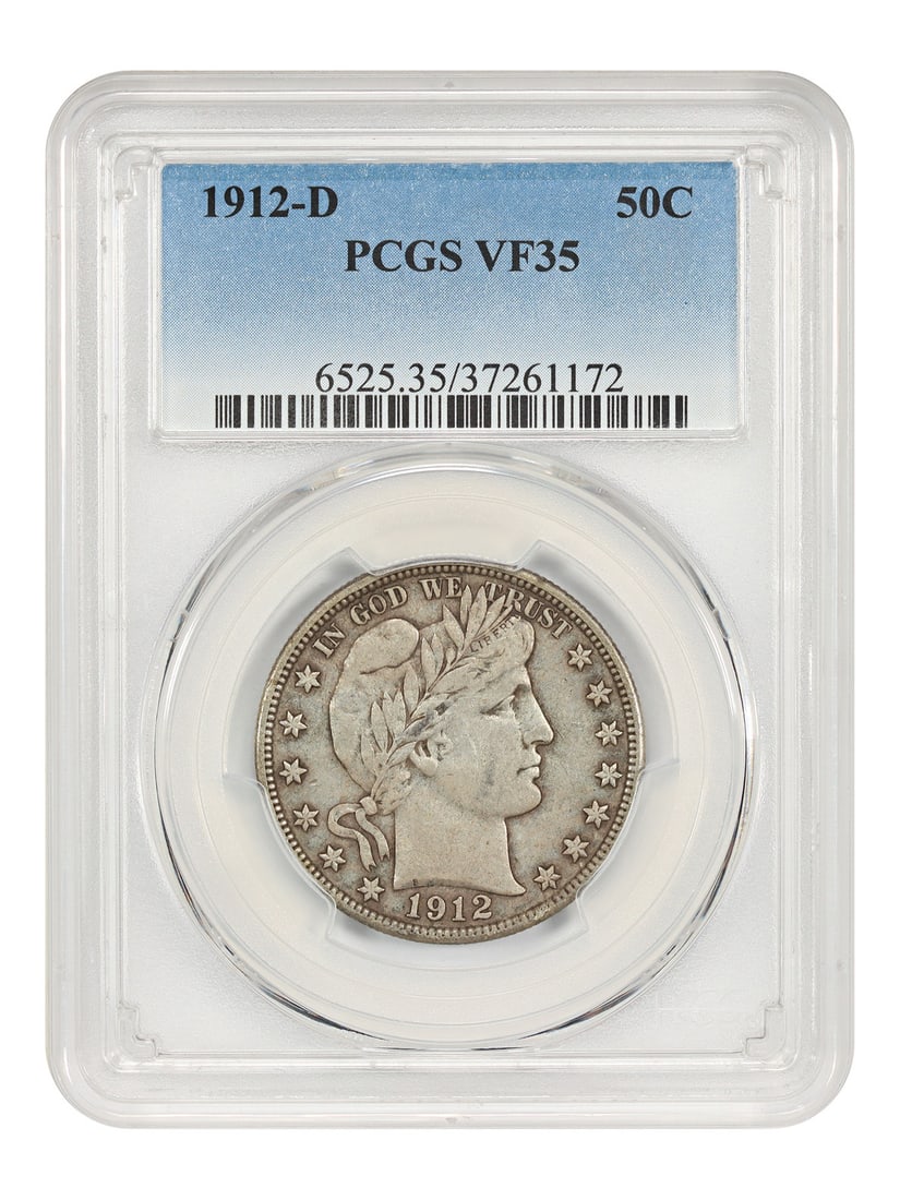 Barber Half Dollar - 1912-D 50C PCGS VF35: Barber Half Dollar - 1912-D 50C PCGS VF35 A rare and highly sought-after Barber Half Dollar, the 1912-D is a standout among collectors due to its circulated condition and PCGS certification. With a gr