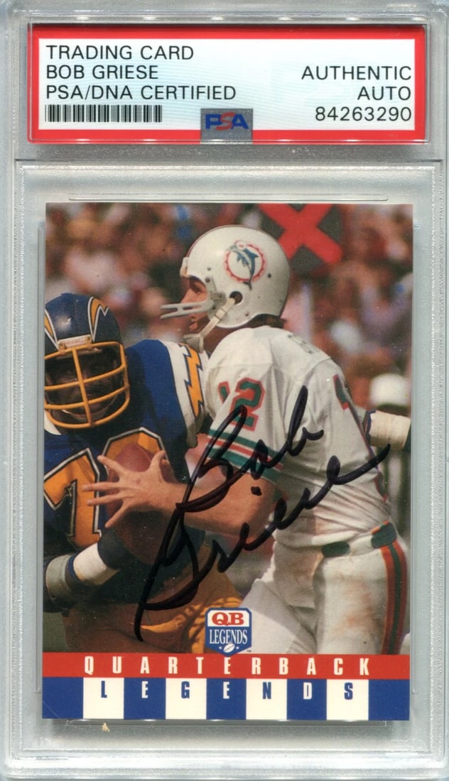 (PSA) Bob Griese Autographed 1991 QB Legends Card: (PSA) Bob Griese Autographed 1991 QB Legends Card Get ready to relive the glory days of NFL history with this authentic Bob Griese autographed 1991 QB Legends Card, slabbed and authenticated by the le