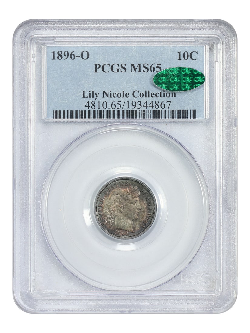 1896-O 10C MS65 PCGS/ CAC, Ex: Lily Nicole, Barber Dime with Better Date, O-Mint: 1896-O 10C MS65 PCGS/ CAC, Ex: Lily Nicole, Barber Dime with Better Date, O-Mint Experience the rare beauty of the 1896-O Barber Dime, graded MS65 by PCGS and CAC, with a storied past as an Ex-Lily Ni