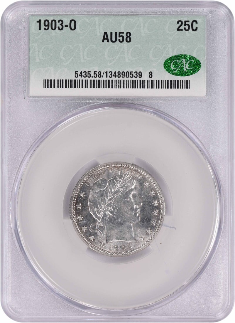 1903-O Barber Quarter - AU58 CACG: 1903-O Barber Quarter - AU58 CACG A rare and highly sought-after 1903-O Barber Quarter, graded AU58 by the CACG, is up for auction. This circulated coin boasts a rich history, having been minted in Ne