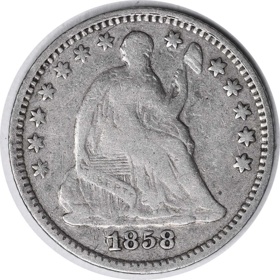 1858 Liberty Seated Half Dime with Inverted Date (FS-302) F Uncertified: 1858 Liberty Seated Half Dime with Inverted Date (FS-302) F Uncertified Rarity seekers, take note! This 1858 Liberty Seated Half Dime with Inverted Date (FS-302) is a true treasure for collectors, boa