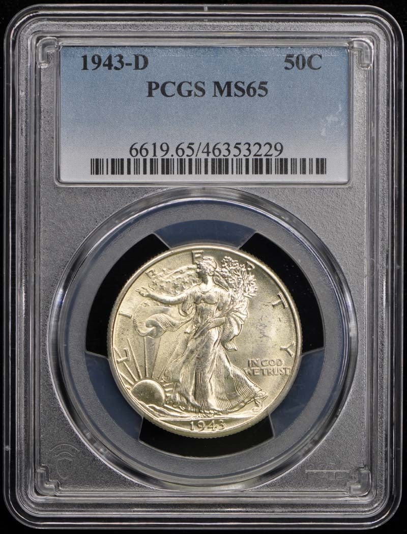 1943-D Walking Liberty Half Dollar (PCGS MS65): 1943-D Walking Liberty Half Dollar (PCGS MS65) Experience the iconic design of the 1943-D Walking Liberty Half Dollar, certified by PCGS as MS65. This uncirculated coin boasts stunning detail and lust