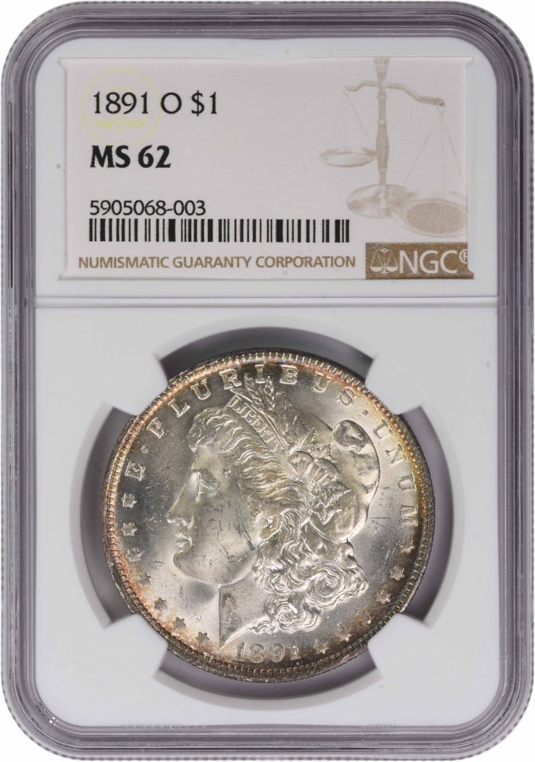 Morgan Silver Dollar (MS62) - 1891-O: Morgan Silver Dollar (MS62) - 1891-O A rare and highly sought-after Morgan Silver Dollar from the 1891 New Orleans mint, graded MS62 by the NGC, boasts stunning condition and a rich history, making it