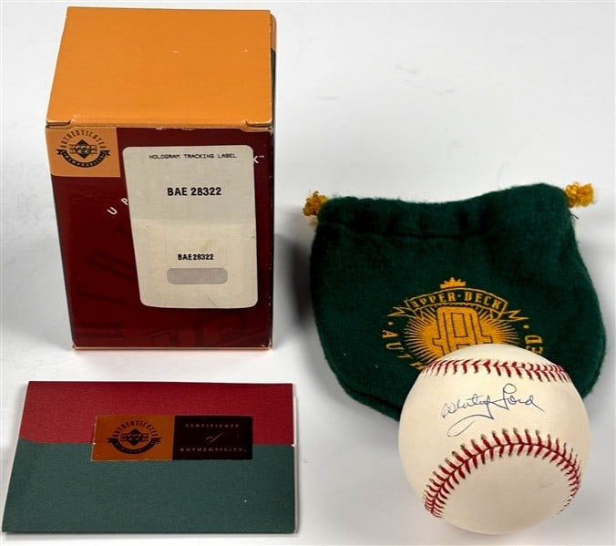 200505 Whitey Ford HOF Signed/ Autographed OAL Baseball Yankees Upper Deck: 200505 Whitey Ford HOF Signed/ Autographed OAL Baseball Yankees Upper Deck Own a piece of baseball history with this autographed Whitey Ford Hall of Fame signed Upper Deck OAL baseball, proudly repres