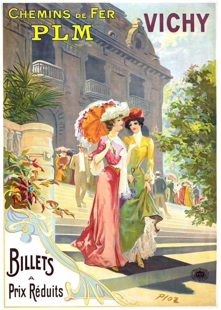 Vichy Plm French Travel Poster by Jules Cheret (1900) Stone Lithograph by Ploz: Vichy Plm French Travel Poster by Jules Cheret (1900) Stone Lithograph by Ploz Experience the elegance of early 20th-century travel with this stunning Vichy Plm poster by PLOZ, created in 1900. This b
