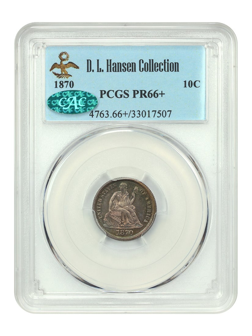 1870 10C PCGS/ CAC PR66+ Ex: D.L. Hansen: 1870 10C PCGS/ CAC PR66+ Ex: D.L. Hansen A rare and highly sought-after 1870 Liberty Seated Dime, graded PR66+ by PCGS and CAC, boasts exceptional condition with minimal wear. Certified circulated/unc