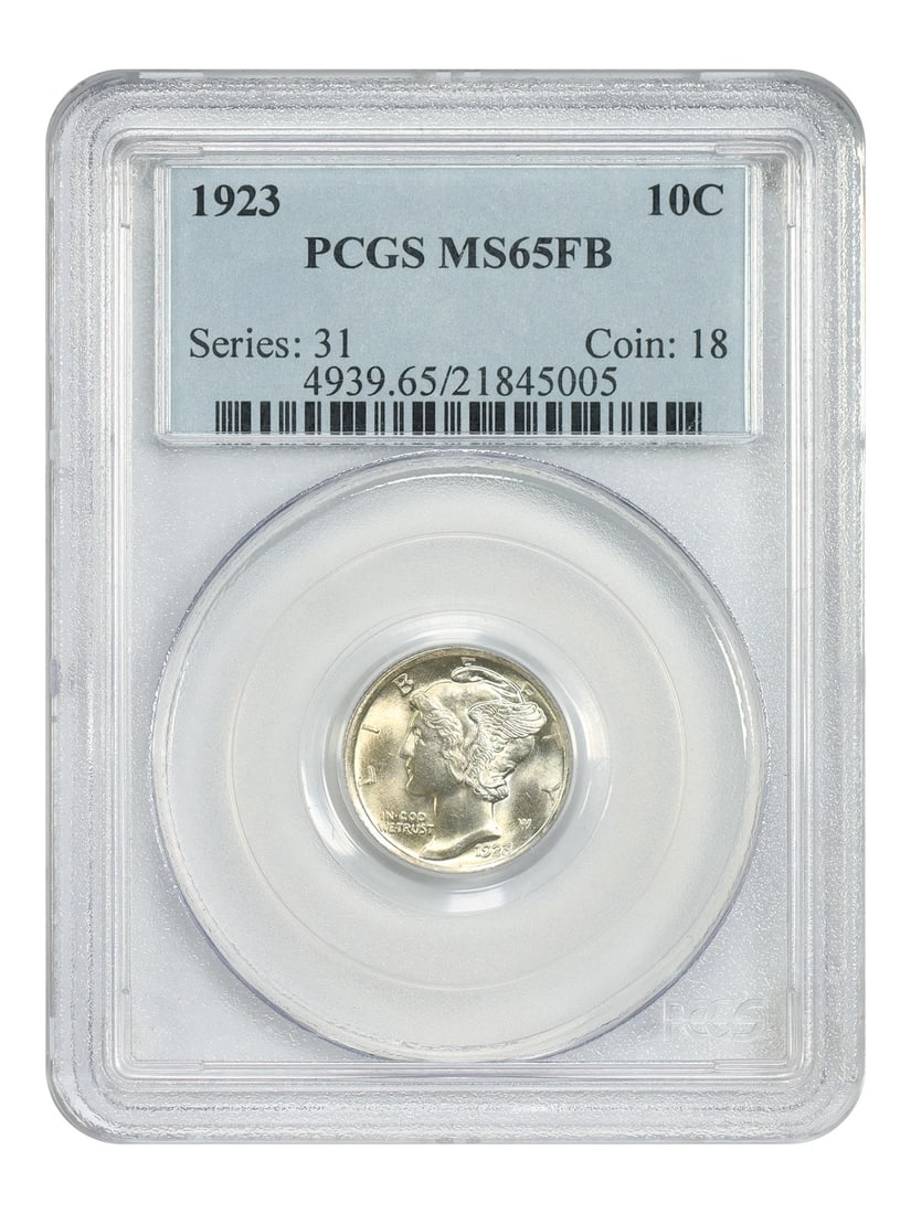 Mercury Dime - 1923 10C PCGS MS65FB: Mercury Dime - 1923 10C PCGS MS65FB A stunning example of American numismatics, this 1923 Mercury dime boasts a PCGS MS65FB grade, indicating exceptional condition and luster. Certified by the prestig