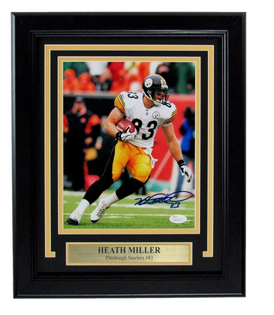 177258 Heath Miller Autographed 8x10 Photo Pittsburgh Steelers Framed JSA: 177258 Heath Miller Autographed 8x10 Photo Pittsburgh Steelers Framed JSA Own a piece of Steelers history with this autographed 8x10 photo of legendary tight end Heath Miller, authenticated by the pre