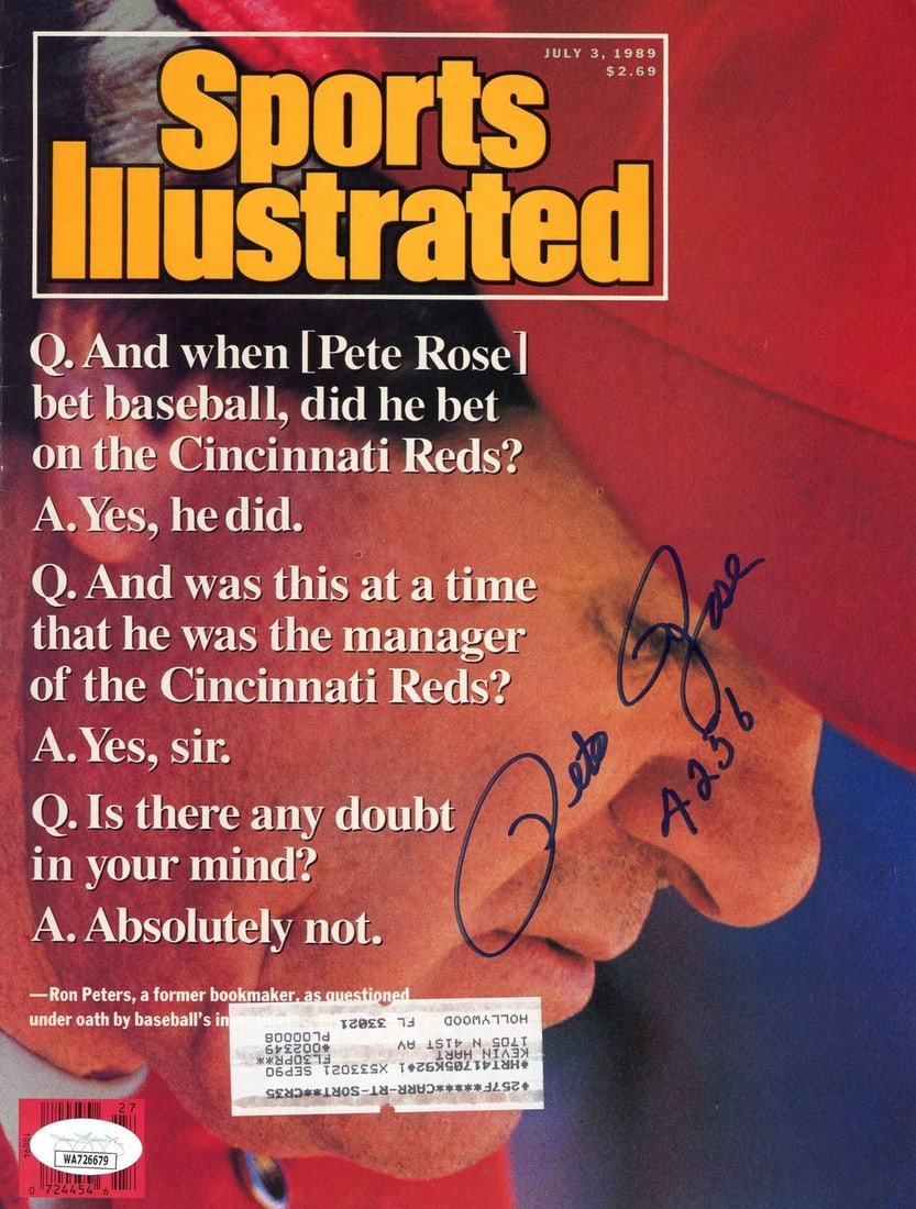 July 3rd, 1989 (JSA) - Pete Rose "4256" Autographed Sports Illustrated Magazine: July 3rd, 1989 (JSA) - Pete Rose "4256" Autographed Sports Illustrated Magazine Own a piece of baseball history with the July 3rd, 1989 issue of Sports Illustrated featuring an autograph from the one