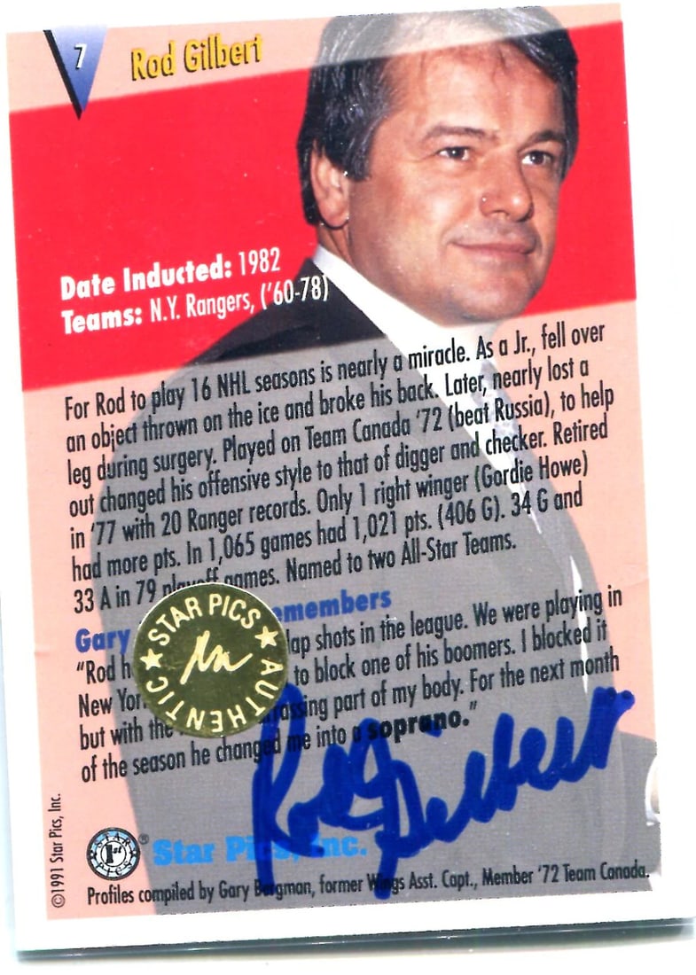 Card Rod Gilbert 1991 Star Pics Autographed: Card Rod Gilbert 1991 Star Pics Autographed Get ready to add a piece of hockey history to your collection! This rare 1991 Star Pics autographed card by Rod Gilbert is a must-have for any NHL enthusias