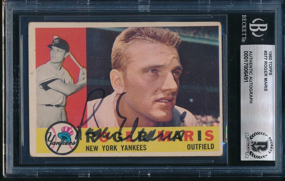 195737 Roger Maris Signed/ Autographed 1960 Topps Card #377 Yankees Beckett: 195737 Roger Maris Signed/ Autographed 1960 Topps Card #377 Yankees Beckett Get ready to own a piece of baseball history with this iconic 1960 Topps card featuring the legendary Roger Maris, signed by