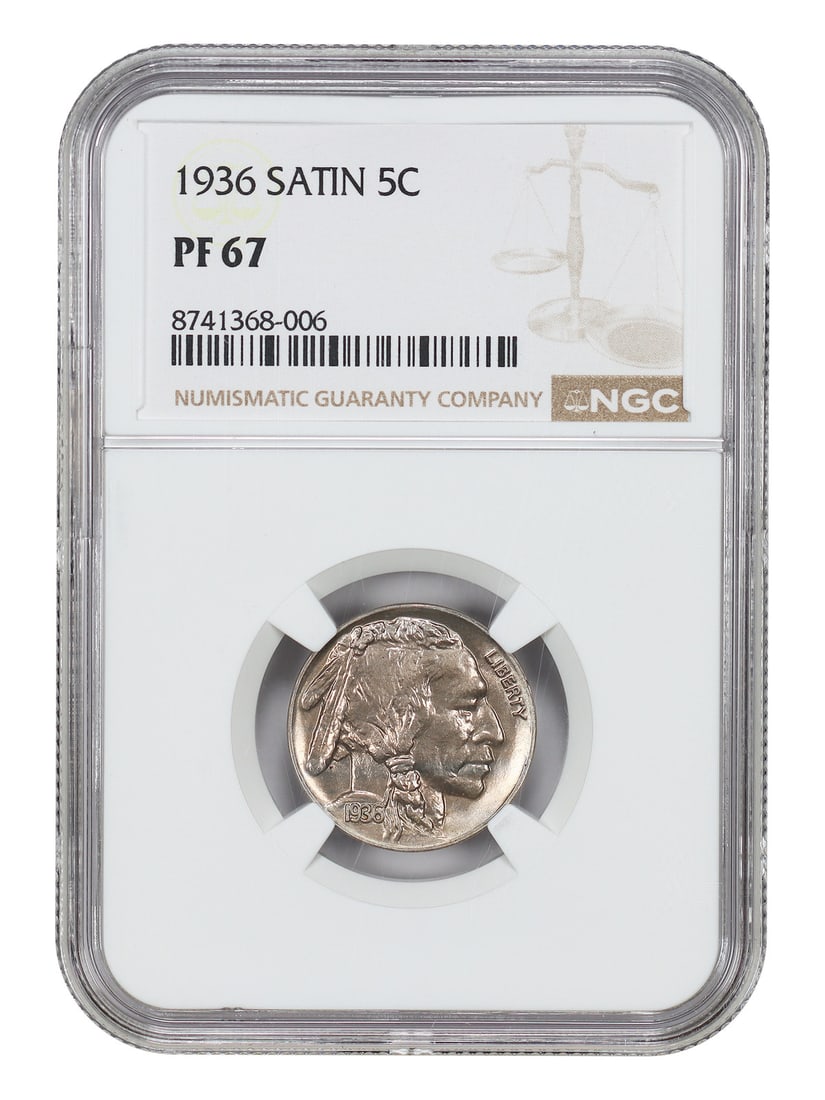 Scarce 1936 5C Satin Buffalo Nickel NGC PR67: Scarce 1936 5C Satin Buffalo Nickel NGC PR67 A rare gem from the early days of American coinage, this 1936 5C Satin Buffalo Nickel is certified by the NGC as PR67, one of the highest grades for circul