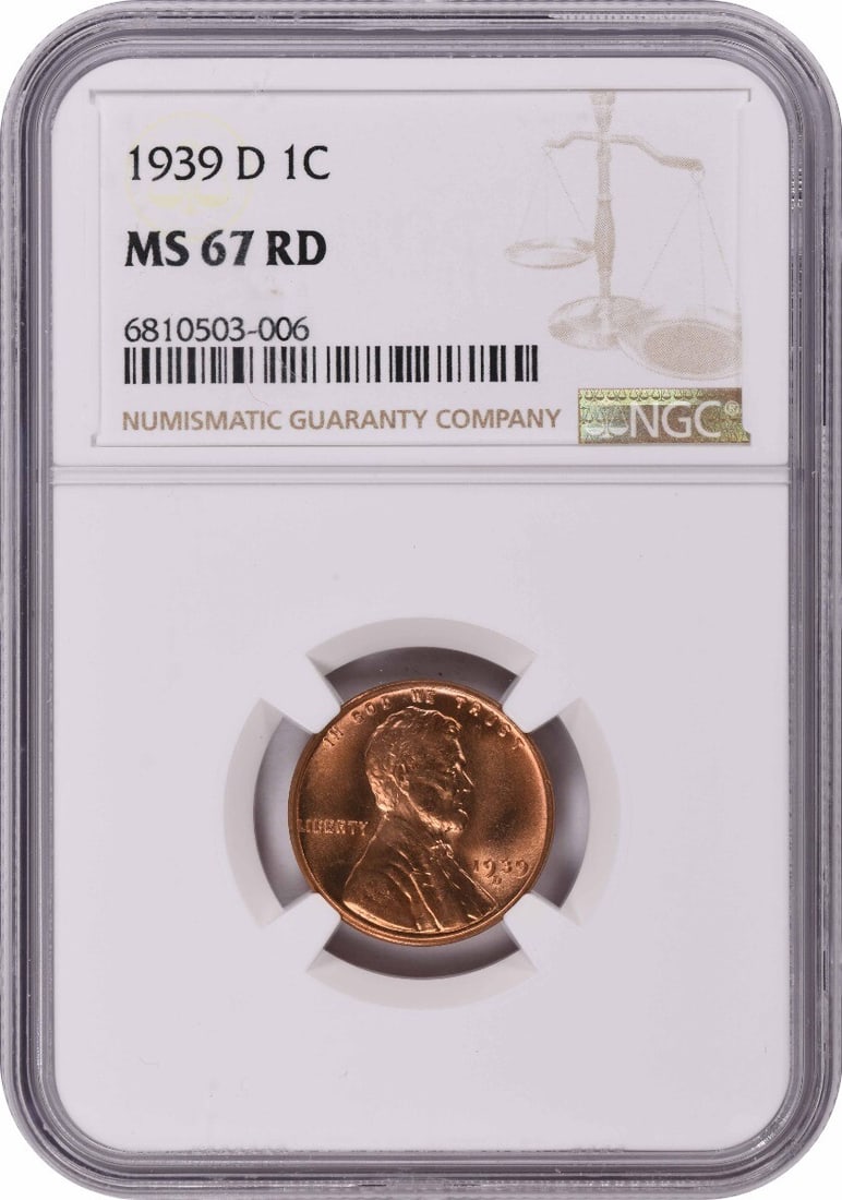 1939-D Lincoln Cent (MS67RD) NGC: 1939-D Lincoln Cent (MS67RD) NGC Experience the iconic Lincoln Wheat cent from 1939, certified MS67RD by NGC, showcasing exceptional condition and detail. This uncirculated coin is a rare gem for any