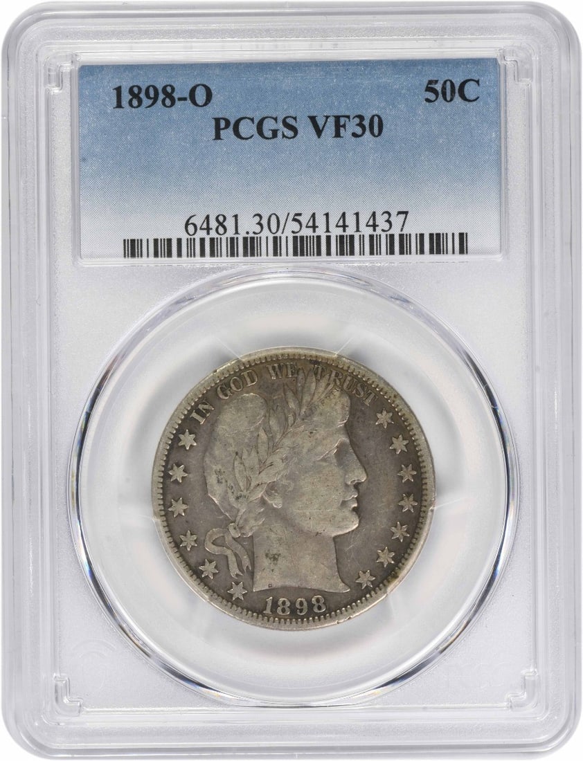 PCGS 1898-O Barber Silver Half Dollar VF30: PCGS 1898-O Barber Silver Half Dollar VF30 A rare and beautiful example of the 1898-O Barber Silver Half Dollar, graded VF30 by PCGS, boasts stunning patina and is one of only 874,000 minted that year