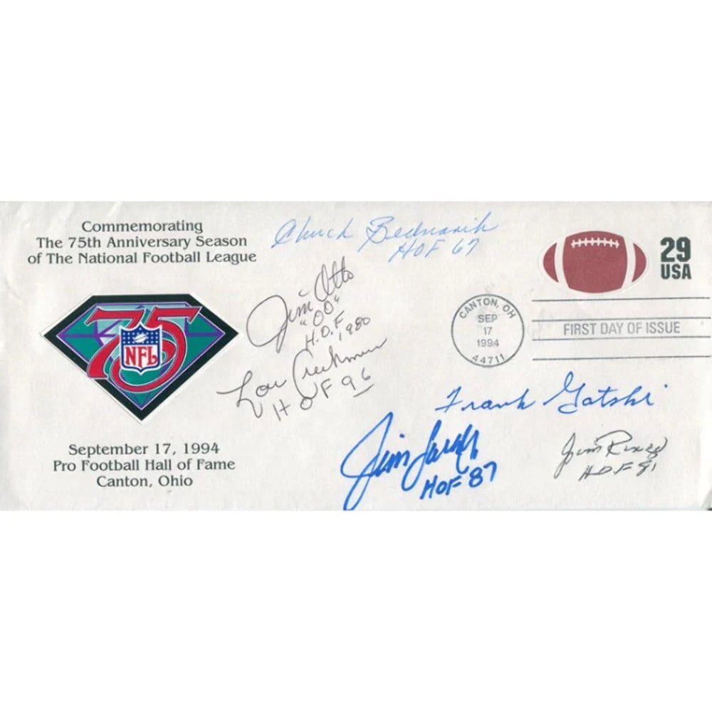 Chuck Bednarik, Jim Otto, Lou Creekmur, Lander, Ringo, and Frank Gatski: Chuck Bednarik, Jim Otto, Lou Creekmur, Lander, Ringo, and Frank Gatski Meet the legendary defenders of the gridiron, autographed by six iconic NFL players from different eras. This 1994 First Day of