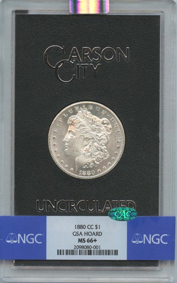 CAC 1880-CC Morgan Dollar GSA HOARD S$1 NGC MS66+: CAC 1880-CC Morgan Dollar GSA HOARD S$1 NGC MS66+ Experience the rare beauty of the 1880-CC Morgan Dollar, certified by NGC as MS66+, one of the highest grades awarded for circulated coins. With its s