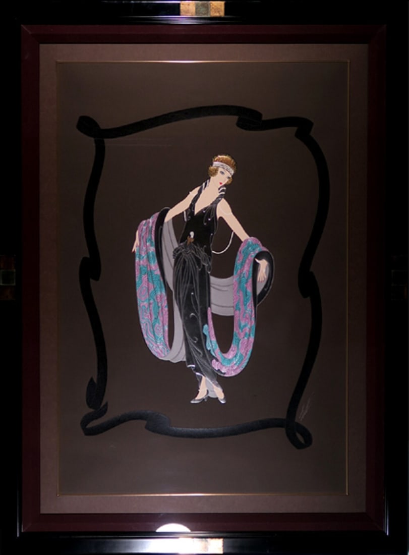 Erte "Gala" Large Embossed Color Serigraph/ Silkscreen Hand-Signed Framed: Erte "Gala" Large Embossed Color Serigraph/ Silkscreen Hand-Signed Framed Experience the opulence of Art Deco with Erte's stunning "Gala" serigraph, expertly embossed and hand-signed by the artist him