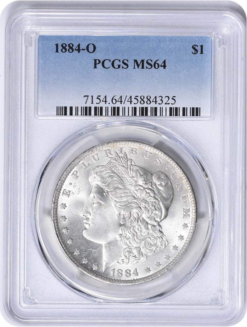 Morgan Silver Dollar (MS64) - 1884-O: Morgan Silver Dollar (MS64) - 1884-O A rare and highly sought-after coin, the 1884-O Morgan Silver Dollar is a stunning example of American numismatic history. With its MS64 grade and reeded edge, thi