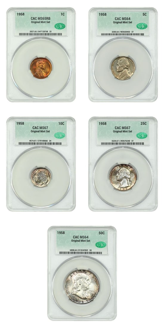 1958 1C-50C Mint Set CACG MS64-67 (Original Set, 5 Coins) - Sets: 1958 1C-50C Mint Set CACG MS64-67 (Original Set, 5 Coins) - Sets Experience the iconic 1958 Mint Set, featuring five coins in mint condition, certified by CACG and graded MS64-67. This uncirculated se