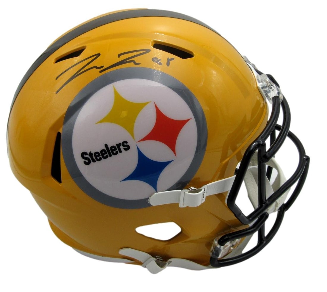 189656 Pat Freiermuth Signed/ Auto Gold Full Size Replica Helmet Steelers Beckett: 189656 Pat Freiermuth Signed/ Auto Gold Full Size Replica Helmet Steelers Beckett Get ready to show off your Steelers pride with this officially licensed, autographed Pat Freiermuth helmet replica. As