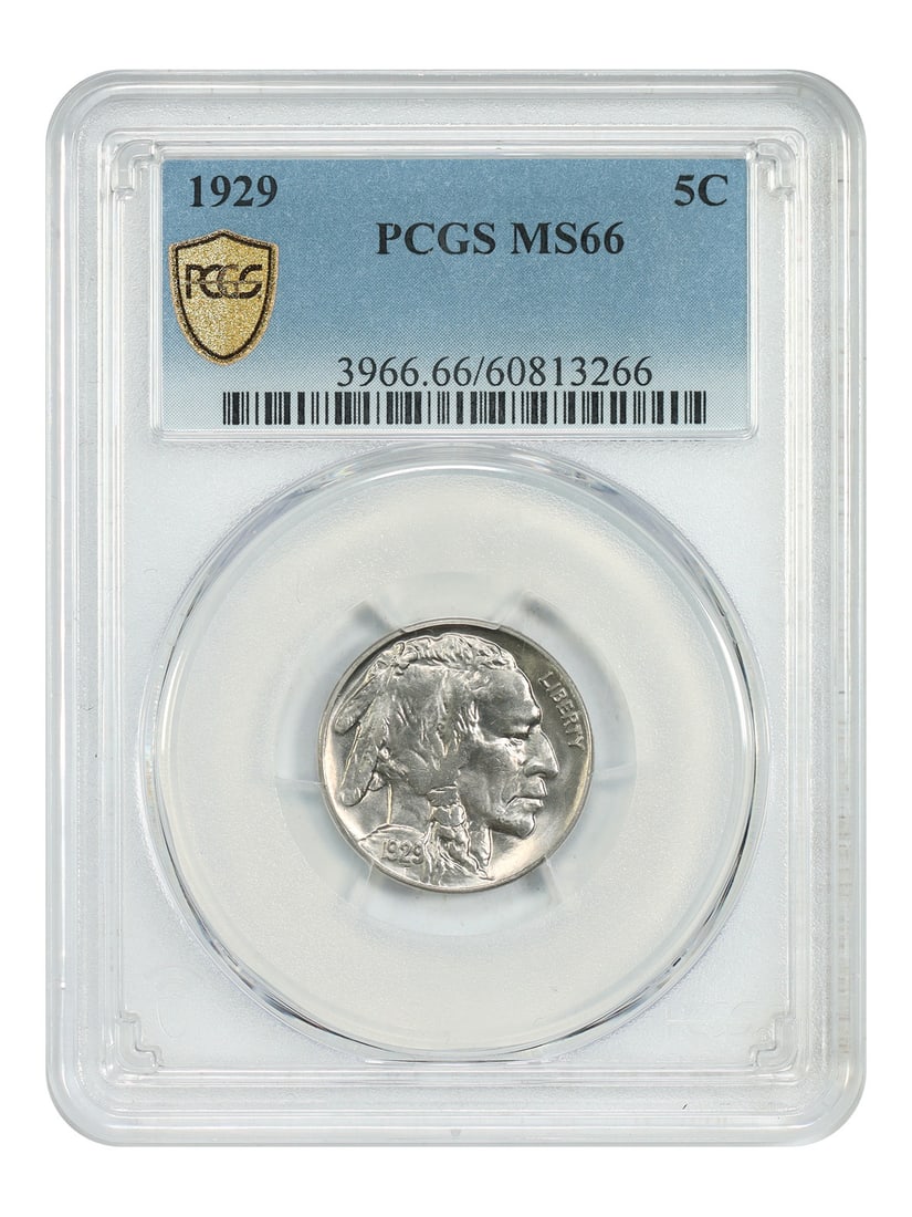 Buffalo Nickel (1929) MS66 PCGS: Buffalo Nickel (1929) MS66 PCGS Experience the majesty of the Buffalo Nickel in near-mint condition, certified by PCGS as MS66. This stunning 1929 coin boasts exceptional strike and luster, making it
