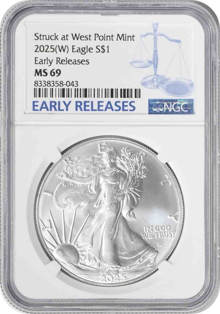 NGC 2025-(W) $1 American Silver Eagle MS69 Early Releases: NGC 2025-(W) $1 American Silver Eagle MS69 Early Releases Rarity and beauty come together in this 2025 American Silver Eagle MS69 Early Releases, certified by the NGC and boasting a stunning grade of