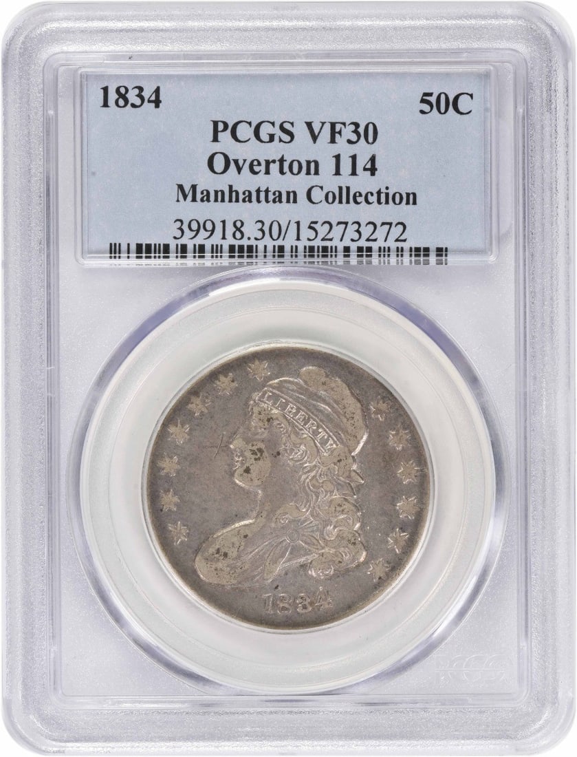 1834 Bust Half Dollar Small Date Letters VF30 PCGS: 1834 Bust Half Dollar Small Date Letters VF30 PCGS Experience the charm of the 1834 Bust Half Dollar, with its distinctive small date letters and striking design. Graded VF30 by PCGS, this circulated