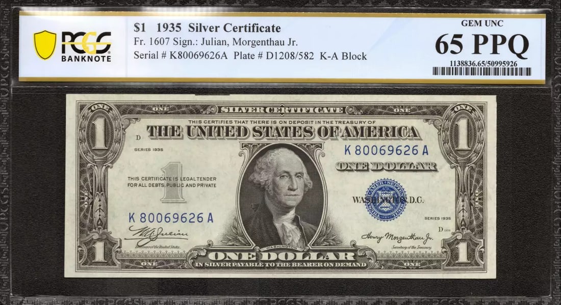 (626A 1935 $1 SILVER CERTIFICATE FR.1607 K-A BLOCK PCGS CERTIFIED GEM UNC 65 PPQ: (626A 1935 $1 SILVER CERTIFICATE FR.1607 K-A BLOCK PCGS CERTIFIED GEM UNC 65 PPQ Up for auction is a rare 1935 $1 Silver Certificate, certified by PCGS as a Gem Uncirculated 65 PPQ. This stunning piec