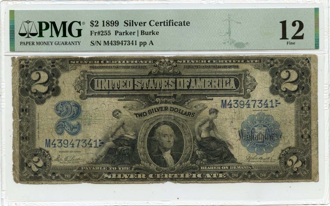 1899 $2 Silver Certificate, PMG F12, FR#255, Mini Porthole: 1899 $2 Silver Certificate, PMG F12, FR#255, Mini Porthole Experience the charm of the late 19th century with this circulated 1899 $2 Silver Certificate, graded F12 by PMG and certified as FR#255. The